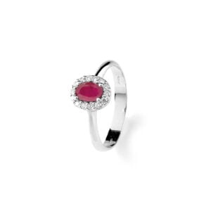 Anello in oro bianco 18KT ovale con rubino e diamanti