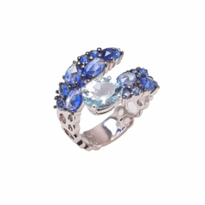 Anello a contrarié in oro bianco 18KT con acquamarina e zaffiri Giovanni Ferraris