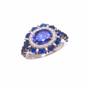 Anello in oro bianco 18KT con tanzanite, zaffiri e diamanti