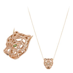 GIROCOLLO PANTERA IN ORO ROSA 18KT CON DIAMANTI E SMERALDI
