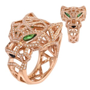 ANELLO PANTERA IN ORO ROSA 18KT CON DIAMANTI E SMERALDI