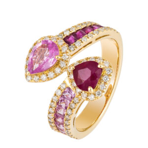 ANELLO IN ORO GIALLO 18KT CON RUBINI, ZAFFIRI ROSA E DIAMANTI